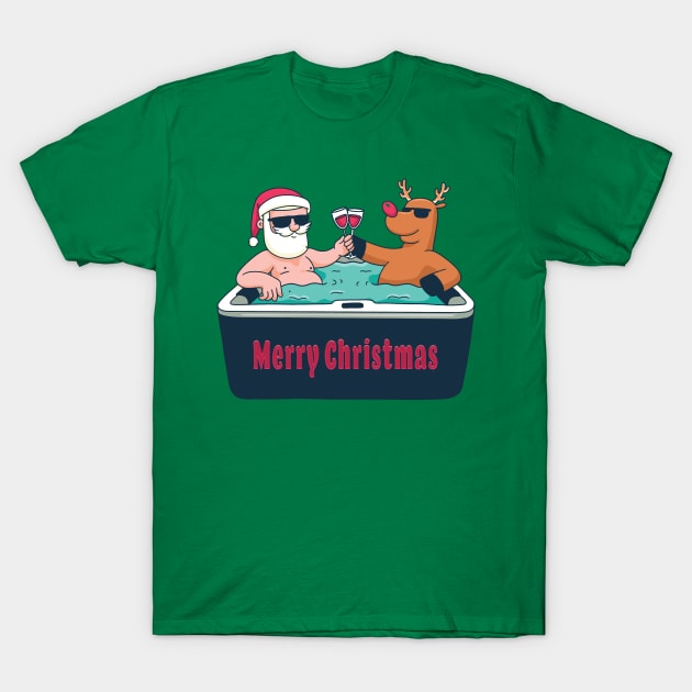 Merry Christmas in July Santa Claus Reindeer Wine Glasses T-Shirt by Sassee Designs